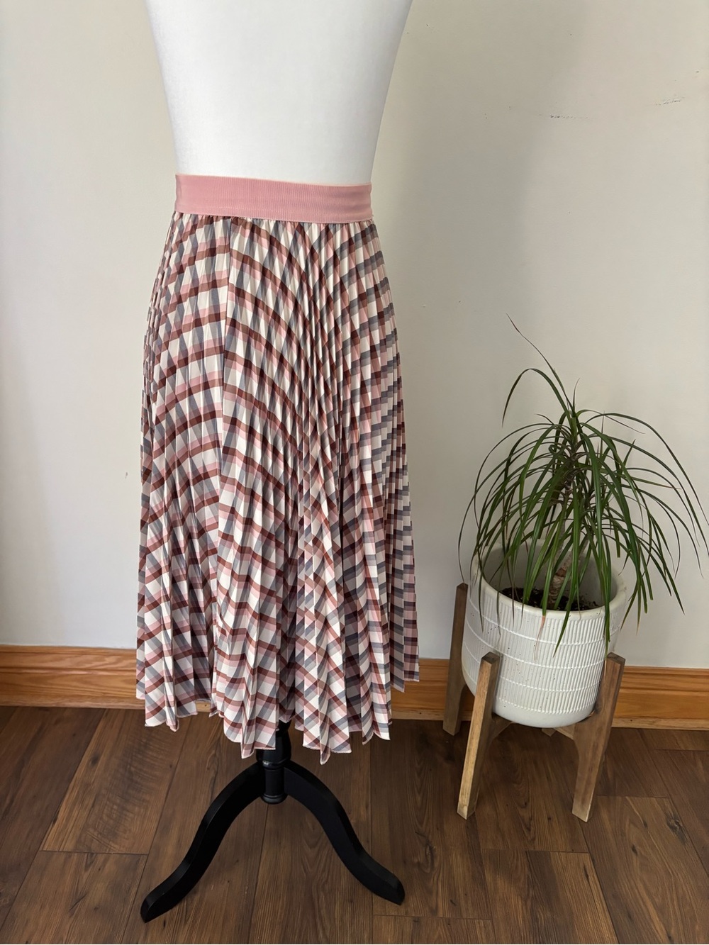 Belle Vere Pleated Pink/Brown Check Ballerina Core Croquette Flowy Midi Skirt 6